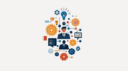 Poster - Business concept illustration featuring gears, light bulbs, and silhouettes representing teamwork and innovation.