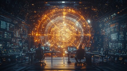 Poster - Futuristic control room with glowing orange portal, surrounded by intricate technology and two figures observing the scene.