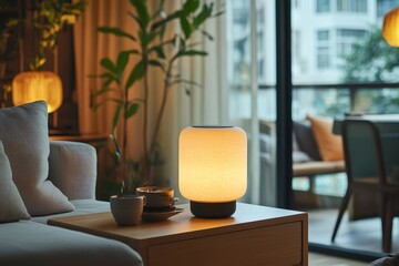Poster - Modern portable lamp illuminating cozy living room in the evening
