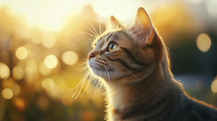Wall Mural - A cat looking up at the sun. Cat, head, blurry, background glare, light, nature, green. Green glare of light in nature. A cat with a blurry head and glares of green and blue in the nature. Lifestyle.