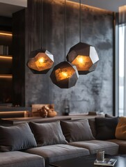 Poster - Modern pendant lamps illuminating cozy living room with gray sofa