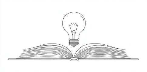 Wall Mural - A seamless line drawing of an open book and light bulb, symbolizing an idea, with a transparent background