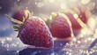 © ibragimova - Three strawberries in water. Strawberry, drops, blurred, background rays, light, berry. Rays of light from a strawberry and a berry. Blurred rays of light on a background of a lifestyle berries.