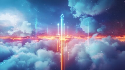 Poster - Multiple glowing arrows point upwards above a stunning cloudscape at sunset, representing growth, success, and achievement while inspiring hope and ambition for the future