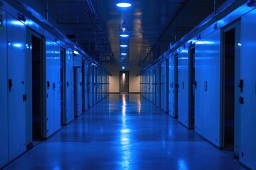 Poster - Server Room Corridor with Blue Lights Reflecting on Floor