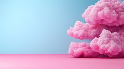 Poster - Colorful pink clouds against a soft blue background, creating a dreamy and whimsical atmosphere in a minimalist setting.