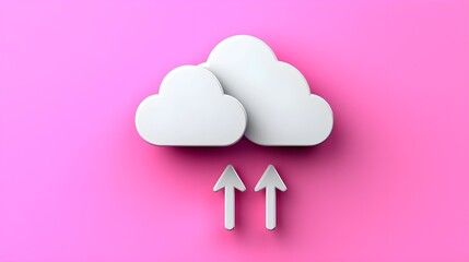 Poster - Cloud storage symbol with upward arrows on a vibrant pink background, representing data transfer and technology concepts.