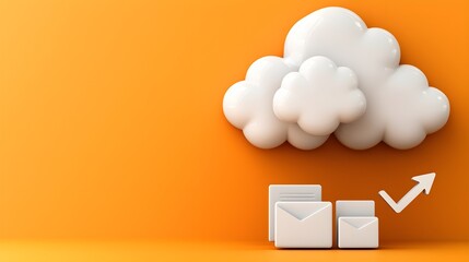 Poster - White clouds and envelopes on an orange background symbolize communication and growth in digital environments.