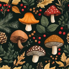 Wall Mural - Brightly colored autumn leaves, mushrooms, fly agaric, yellow nuts, and chestnuts, hand-drawn in shades of orange and brown, with individual elements set against a white background, ideal for a