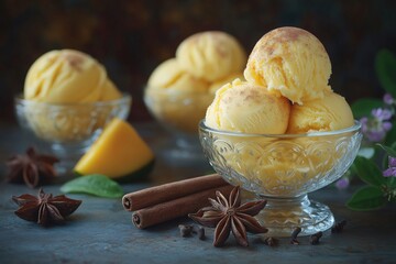 Wall Mural - Delicious mango ice cream decorated with cinnamon and star anise in elegant glass cups