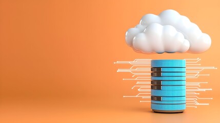 Poster - Cloud computing concept with a data server and cloud on a vibrant orange background, symbolizing technology and data storage.