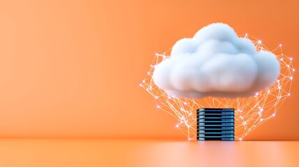 Poster - Cloud computing concept with servers and a cloud, featuring an orange background and glowing effects representing data flow.