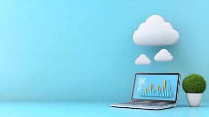 Poster - A laptop displays data with clouds above, set against a blue background, featuring a small potted plant for a touch of greenery.