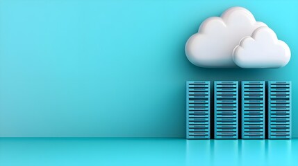 Poster - Cloud computing concept with a stylized cloud and server racks against a vibrant blue background.