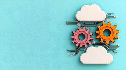 Poster - Cloud computing concept with colorful gears and clouds on a blue background, symbolizing technology and innovation.