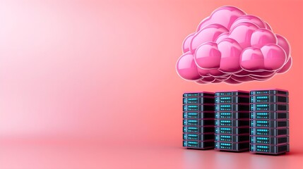 Poster - Cloud computing concept with a pink cloud above stacked servers on a soft gradient background.