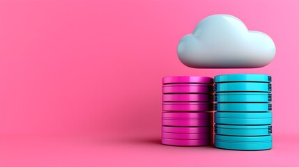 Poster - Digital cloud storage concept with colorful stacks of coins against a vibrant pink background.