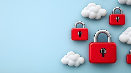 Poster - Red padlocks surrounded by white clouds set against a light blue background, symbolizing online security and data protection.
