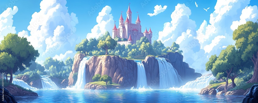 Majestic castle on a waterfall island fantasy landscape digital art ...