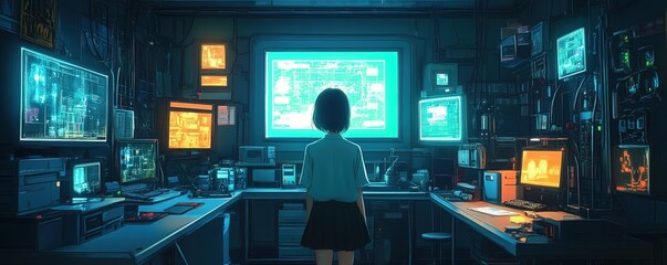 Poster - Technology-driven workspace innovation futuristic office digital art urban environment introspective viewpoint
