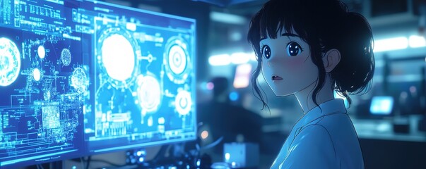 Poster - Exploring futuristic technology laboratory anime character high-tech environment close-up innovation and discovery