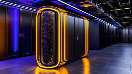 Poster - Futuristic data center with illuminated server rack, showcasing advanced technology and sleek design in a high-tech environment.