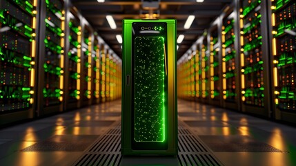 Poster - High-tech server room featuring a glowing green server amidst rows of illuminated hardware in a modern data center.