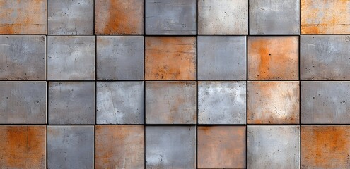 Poster - Textured square tiles in varying shades of gray and rust create a visually striking surface pattern.