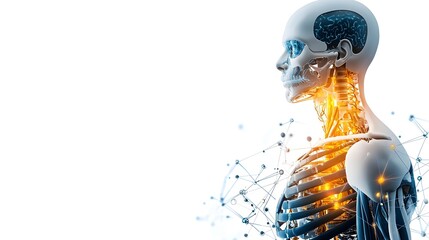 Poster - Digital illustration of a human skeleton, showcasing glowing elements and a network of connections, symbolizing technology and anatomy.