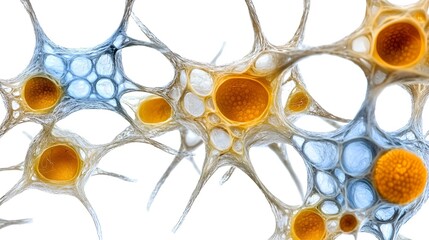 Poster - Abstract depiction of interconnected cells with vibrant orange and blue hues, resembling neural or cellular structures in a biological context.