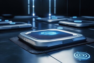 Poster - Futuristic tech interface with glowing panels in a modern, sleek setting