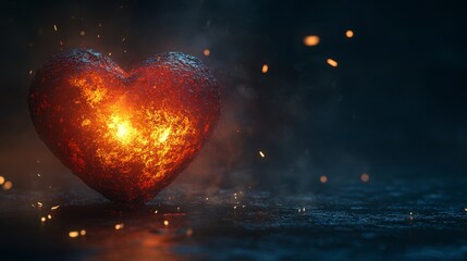 Poster - Glowing heart-shaped object radiating warmth and light against a dark background.