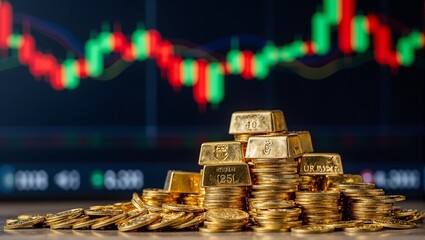 Poster - Close up of gold coins  bars in soft light with a blurry stock market display in background