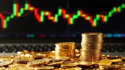 Poster - Close up of gold coins  bars in soft light with a blurry stock market display in background