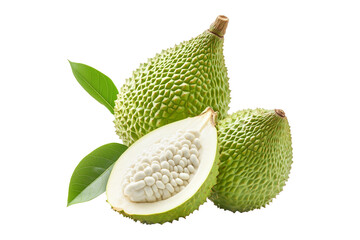 Wall Mural - Green spiny soursop fruits with one cut open to reveal white seeds with green leaves isolated on white transparent background, tropical fruit concept