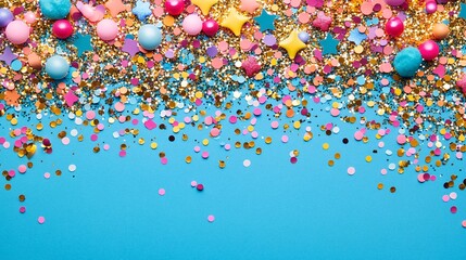 Poster - Colorful confetti and decorations create a vibrant, festive background of pinks, golds, and blues.