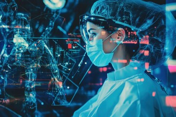 Poster - Scientist working in a laboratory while analyzing data on a digital screen in the evening