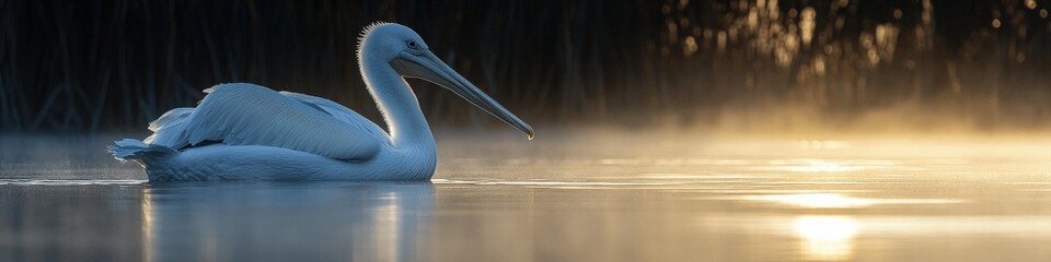 Canvas Print - Serene Pelican Floating on Misty Lake at Sunrise, Capturing Golden Light Reflections and Tranquil Atmosphere in Stunning Wildlife and Nature Photography