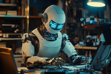 Fototapete - Robot engaging in advanced computing tasks in a modern workspace at night