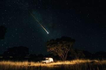 a dramatic image of a meteor streaking across the night sky, captured by a hunter during a field exp
