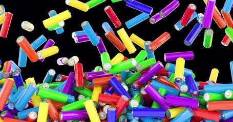 Poster - Batteries size AA, different colors falling and fill the screen. 3D animation on transparent background