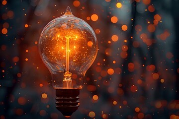Poster - Glowing vintage light bulb with warm orange bokeh background, perfect for creative innovation concepts and inspirational business designs. Energy and idea visualization.