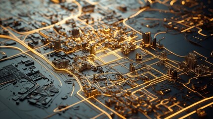 Aufkleber - Complex network of illuminated streets highlighting modern urban infrastructure in a futuristic cityscape at night, creating a mesmerizing spectacle of glowing pathways and interconnected buildings