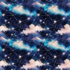 Wall Mural - Starry night sky seamless pattern with constellations and clouds for blogs, websites, and cosmic-themed designs