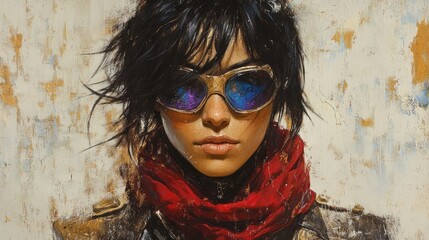 Poster - Stylish Woman in Sunglasses With a Red Scarf Generative AI