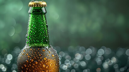 Poster - Cold beer bottle with water drops and condensation on dark green bokeh background, perfect for beverage advertising and restaurant menu design.