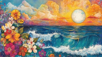 Poster - Vibrant Sunset Over Ocean Waves With Flowers Generative AI