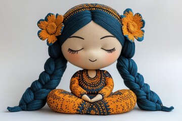 A handmade doll with blue hair and orange attire, seated in a meditative pose.