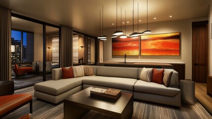 A modern apartment living room with a sectional sofa, stylish lighting fixtures, and abstract art