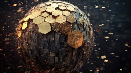 Poster - Golden hexagons and wooden tiles forming a sphere are exploding in space, creating a captivating and dynamic visual representation of destruction, technology, and the universe